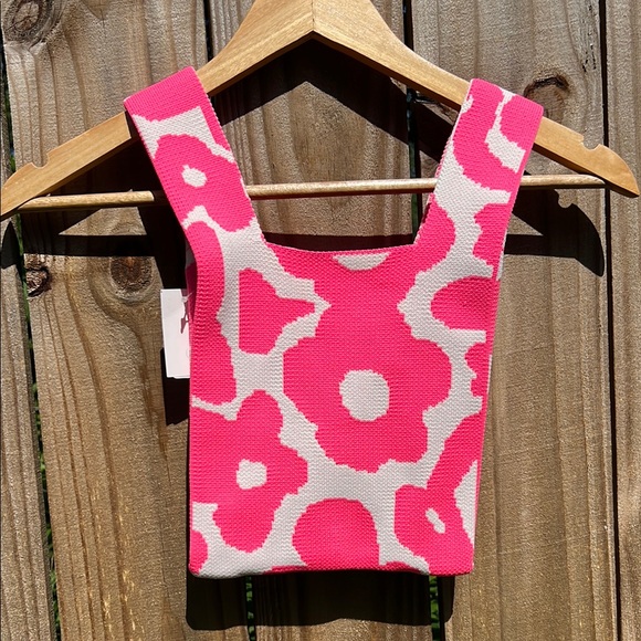 Boutique Pink and White Floral Knit Bag Nwt New - Picture 7 of 7